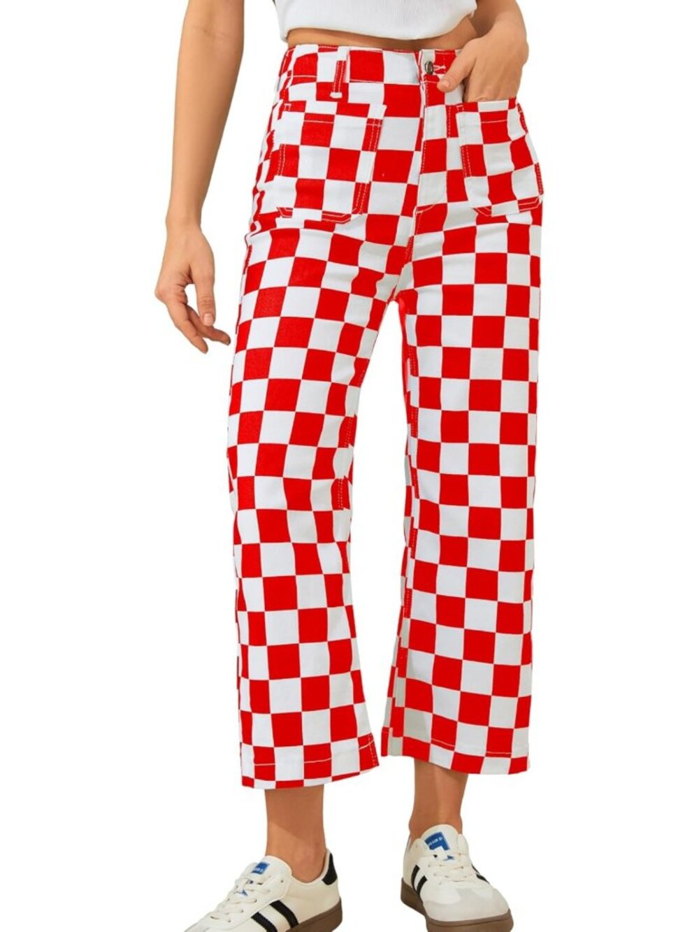 High-Waisted Cropped Jeans for Women | Stretchy Checkered Casual Trousers with